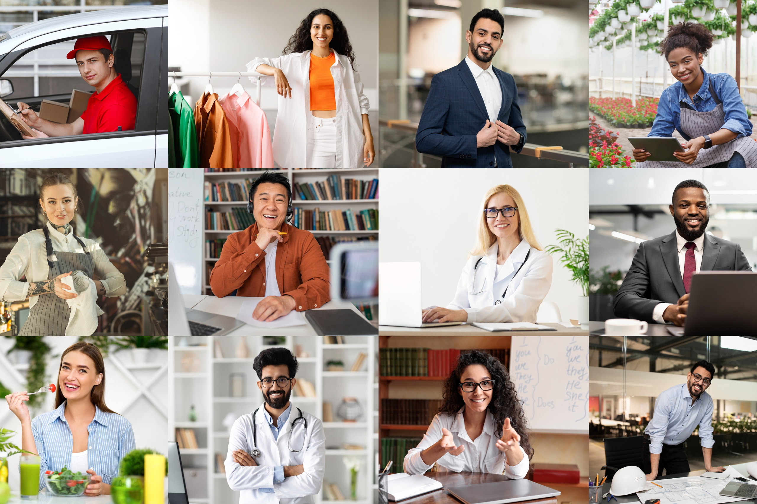 Collage of 12 different working professionals such as doctors, consultants, and and businessmen